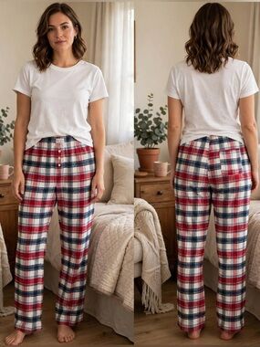 Cotton On Body Womens Petite Red, Navy & White Plaid Lounge Pants